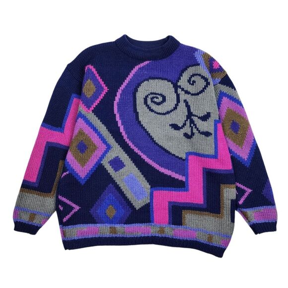 Vintage Esprit Sweater Pink Blue And Metallic Geometric Design Knit Crew Neck - Picture 1 of 13